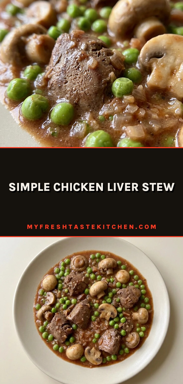 Looking down at a dark stew with chicken livers, mushrooms, and peas in a red wine sauce.