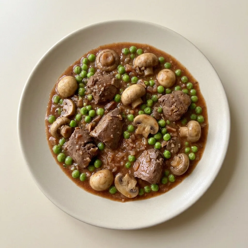 A plate of chicken liver stew with mushrooms and peas, glistening with red wine sauce.