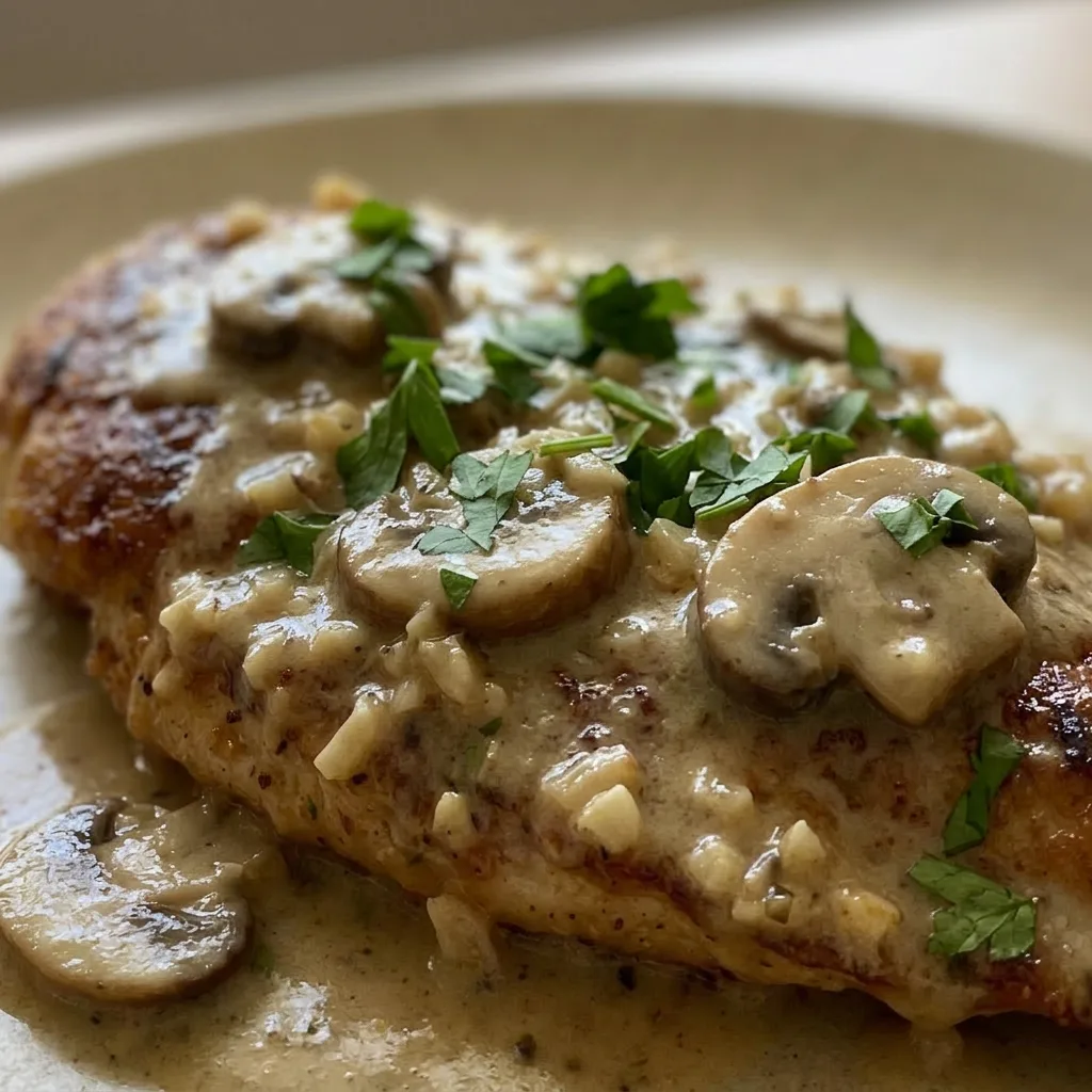 Close view of chicken breast with creamy mushroom sauce and Parmesan, garlic visible in sauce.