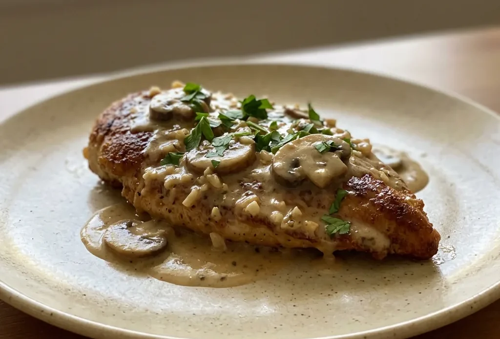 Overhead shot of chicken breast topped with mushrooms, cream sauce, and melted Parmesan cheese.