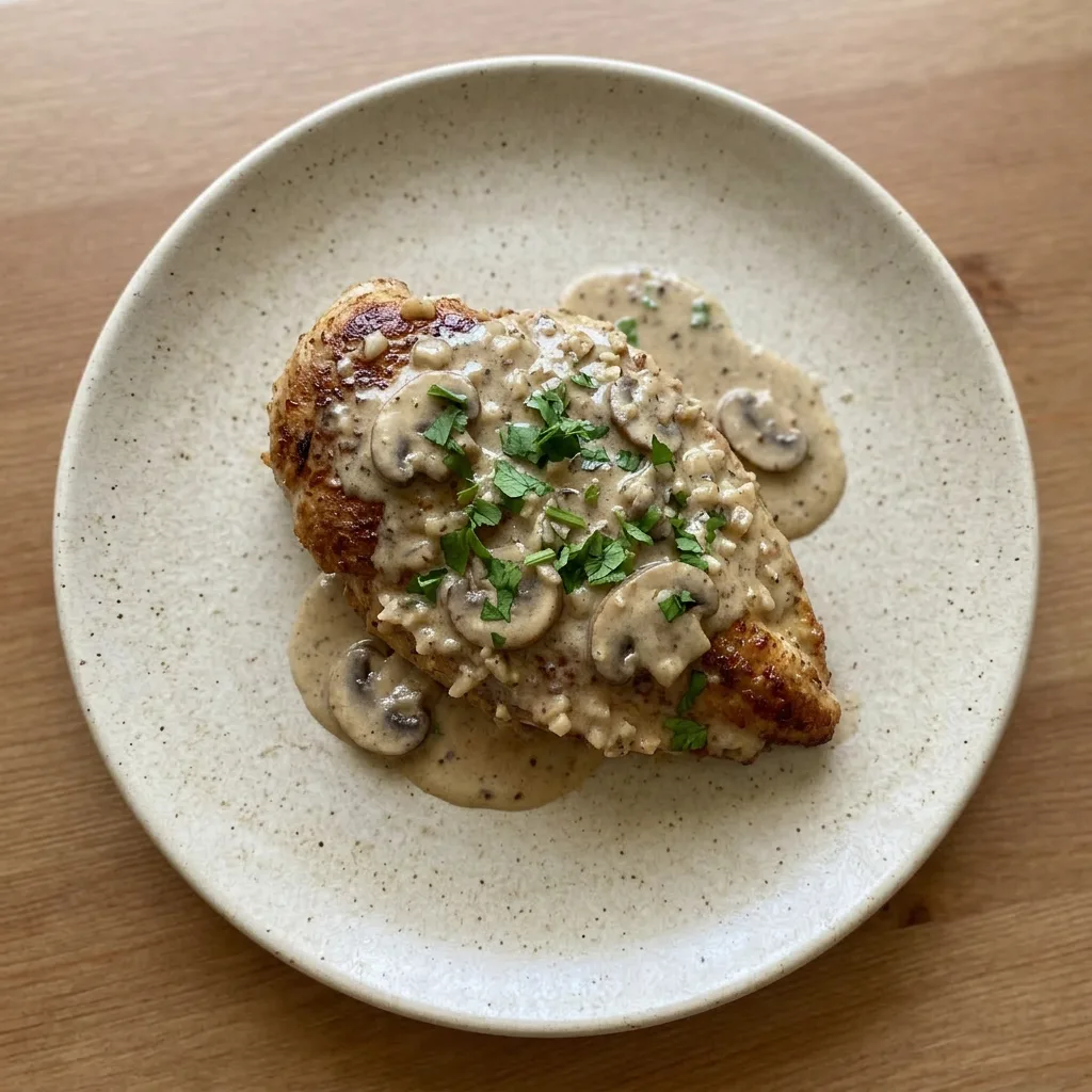 Plated chicken breast with mushrooms, heavy cream sauce, and Parmesan cheese, garnished with garlic.