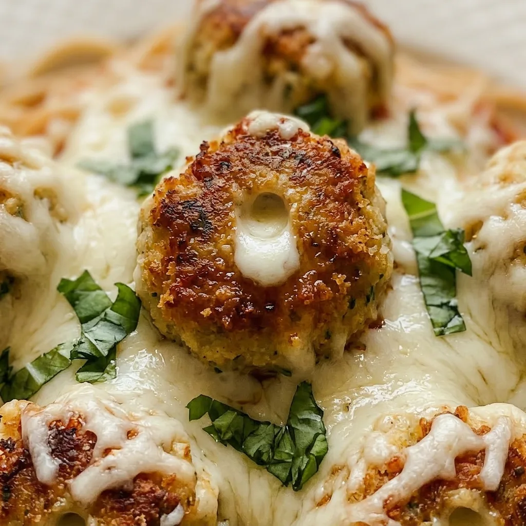 Close view of a chicken Parmesan meatball with golden-brown Panko crust, gooey mozzarella, and grated Parmesan over marinara sauce.
