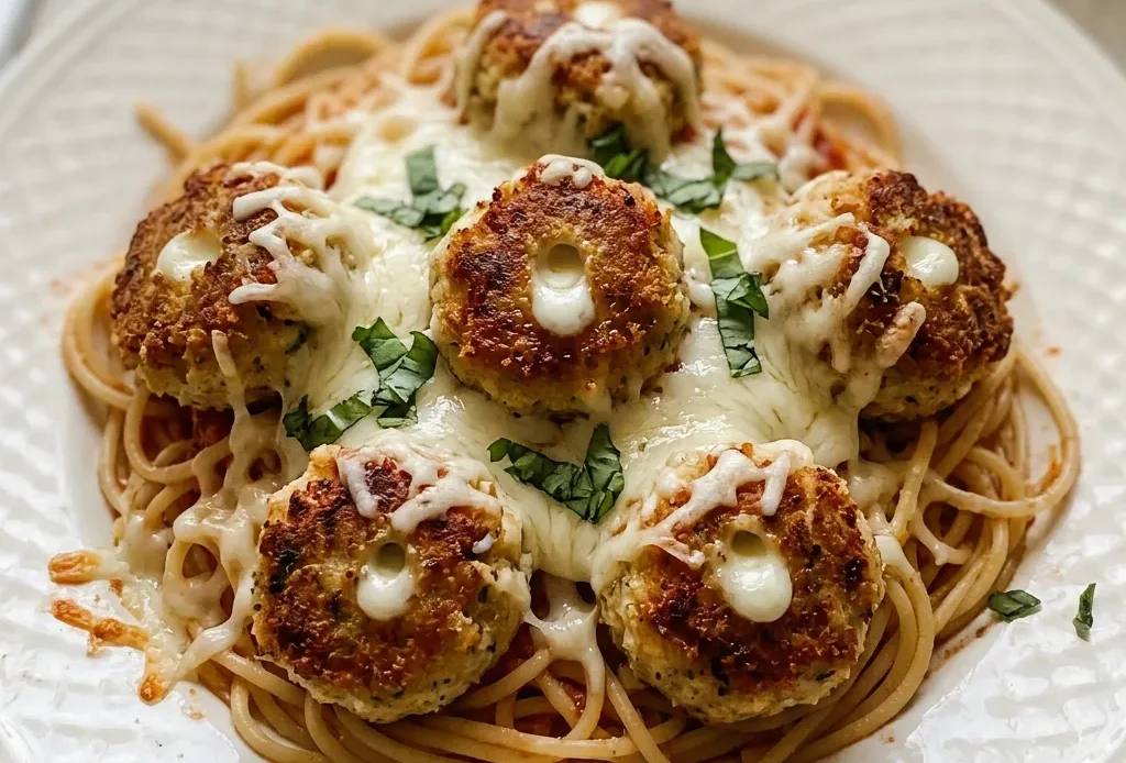 Overhead shot of three chicken Parmesan meatballs on a white plate, topped with melted mozzarella and Parmesan, with marinara sauce underneath.