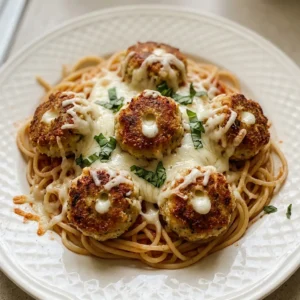 Overhead shot of three chicken Parmesan meatballs on a white plate, topped with melted mozzarella and Parmesan, with marinara sauce underneath.