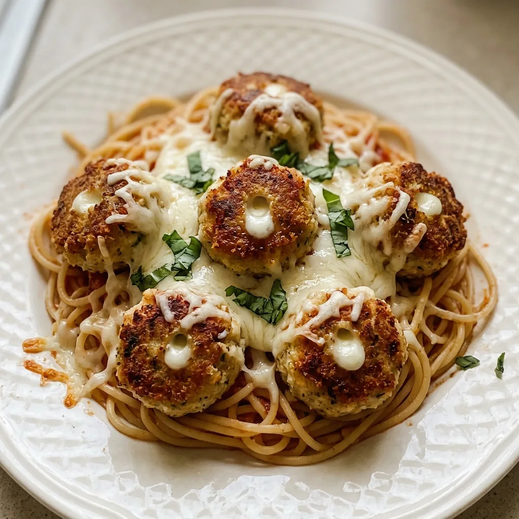 Overhead shot of three chicken Parmesan meatballs on a white plate, topped with melted mozzarella and Parmesan, with marinara sauce underneath.