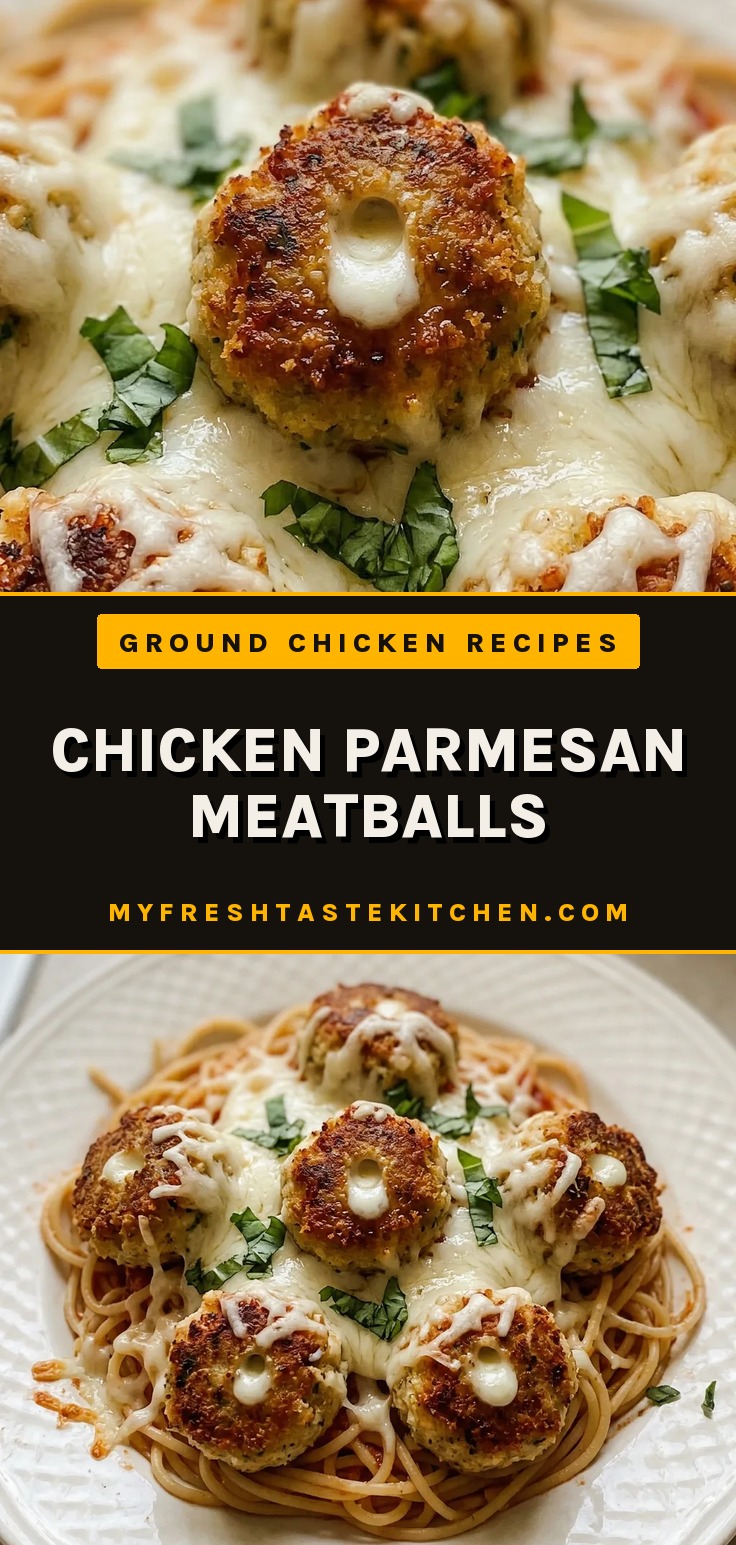 Overhead shot of three chicken Parmesan meatballs on a white plate, topped with melted mozzarella and Parmesan, with marinara sauce underneath.