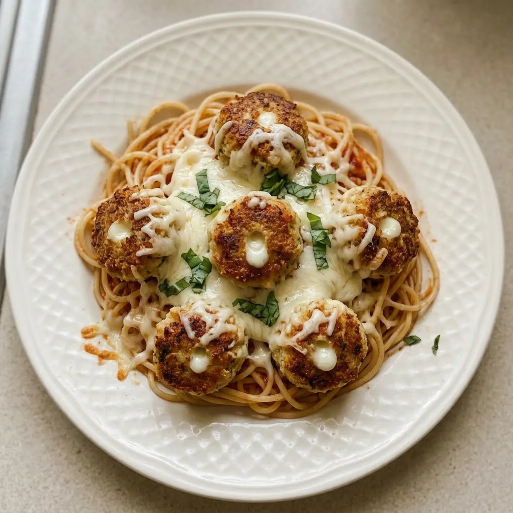 Plated chicken Parmesan meatballs with mozzarella and Parmesan cheese, resting in a pool of marinara sauce, garnished with fresh basil.