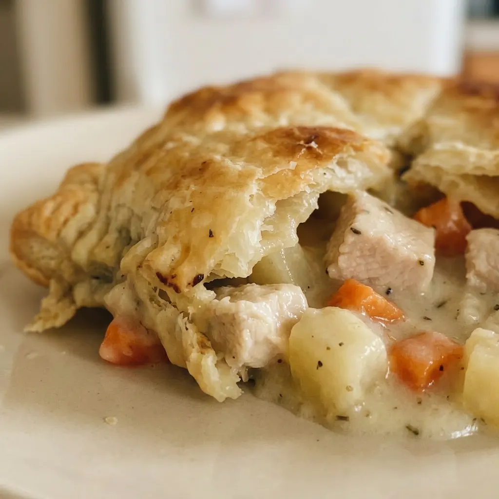 Zoomed in on a fork cutting through the crisp pastry into a thick, creamy sauce with visible thyme leaves, chicken, and tender vegetables.