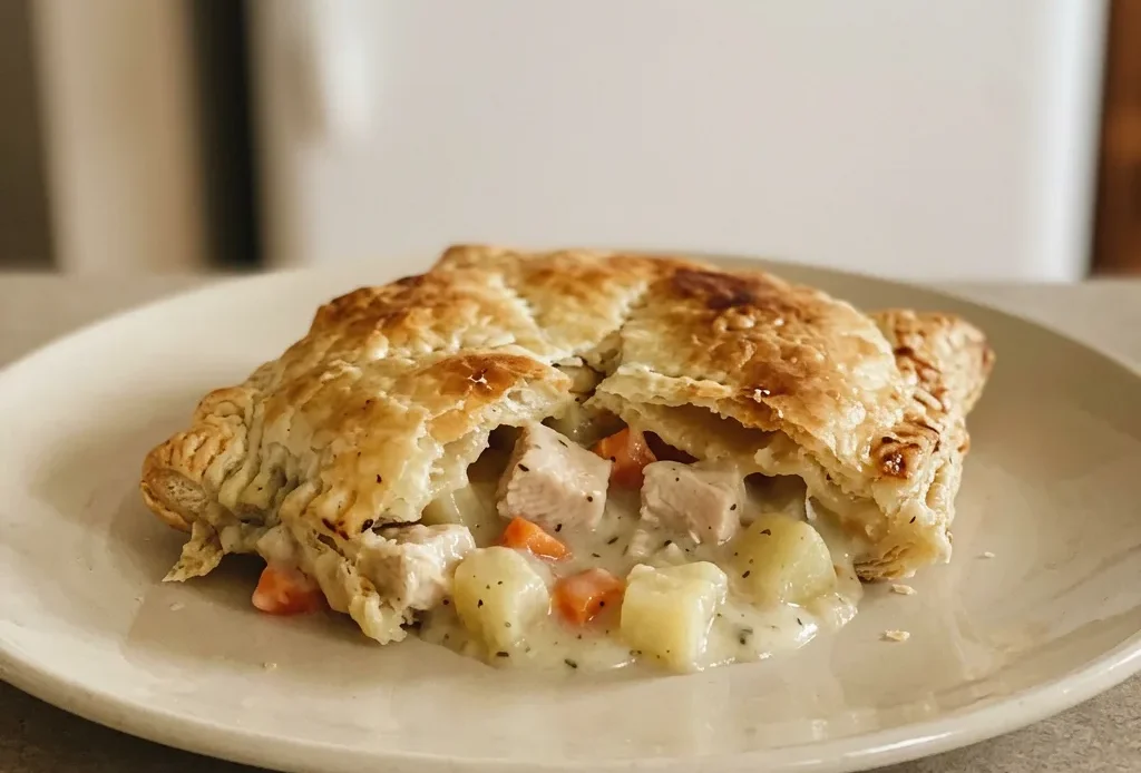 Bird's-eye view of a golden puff pastry dome with flaky edges, surrounded by creamy filling with chunks of chicken, carrots, and potatoes.