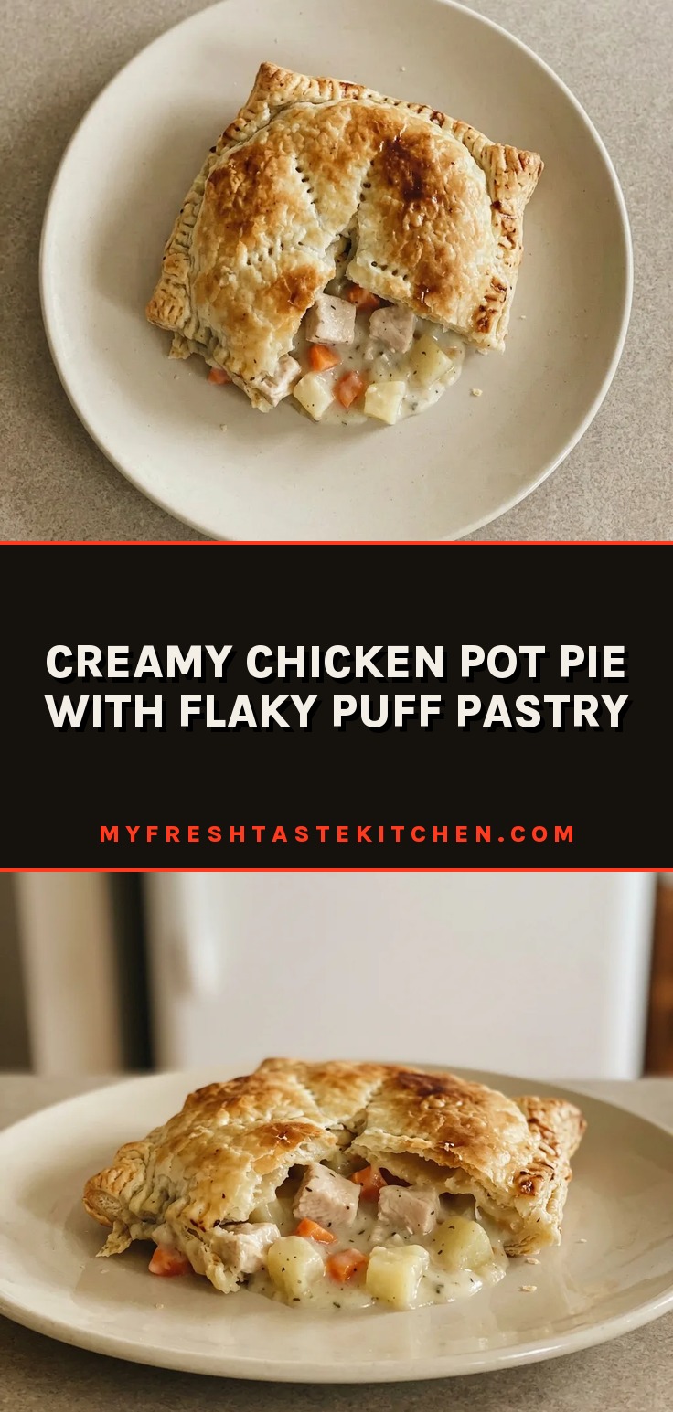 Bird's-eye view of a golden puff pastry dome with flaky edges, surrounded by creamy filling with chunks of chicken, carrots, and potatoes.