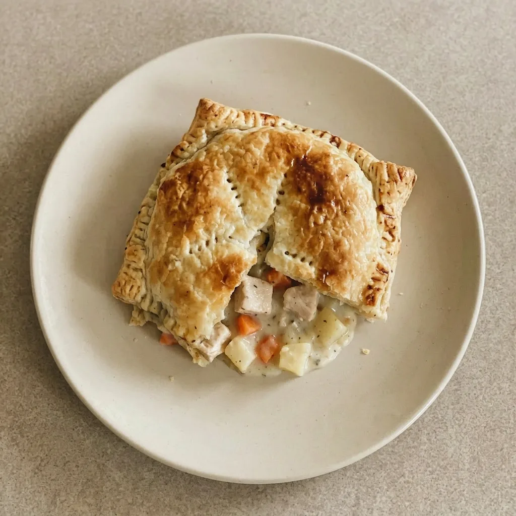 Ready to serve: a single slice of pot pie on a plate, revealing layers of flaky pastry, creamy chicken, and vegetables.
