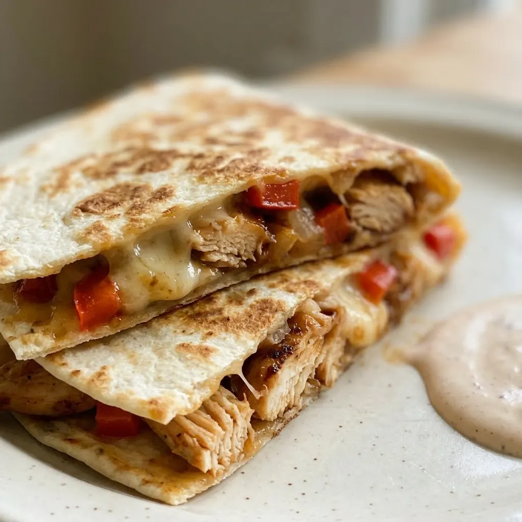 Macro detail of a quesadilla wedge showing crispy tortilla, oozing Monterey Jack cheese, shredded chicken, and bits of chipotle and bell pepper.