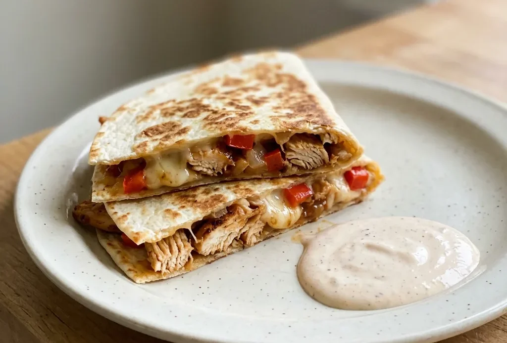 Top-down look at two quesadilla triangles on a plate, filled with chicken, melted cheese, bell pepper, and onion, garnished with cilantro and lime wedges.