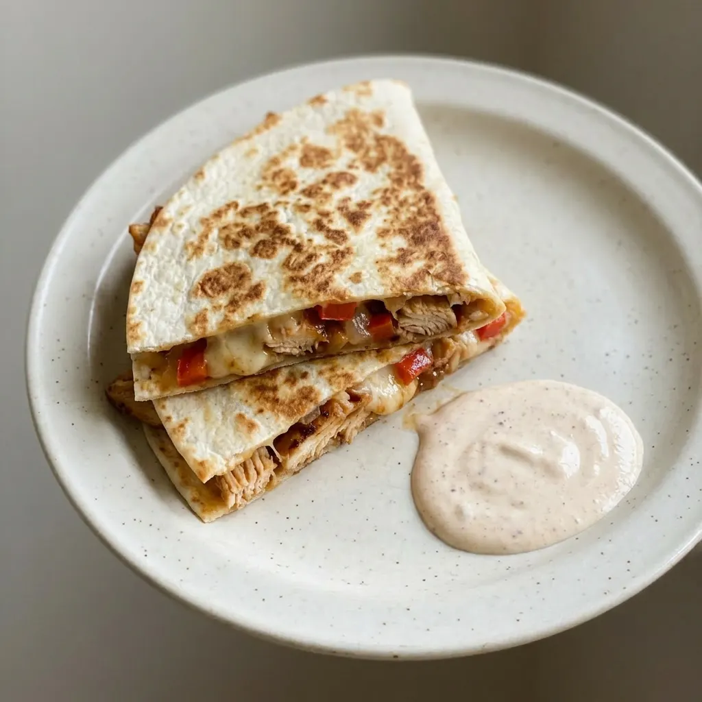 A serving of three quesadilla wedges arranged on a plate, topped with fresh cilantro and a squeeze of lime, with visible adobo sauce.