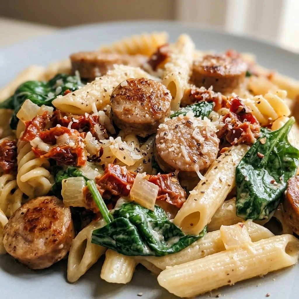 Macro detail of pasta twirled with chicken sausage, spinach, and sun-dried tomatoes, coated in creamy parmesan sauce.
