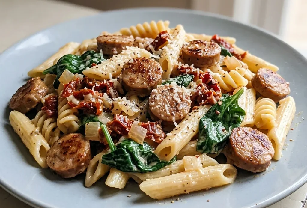 Top-down look at pasta with chicken sausage, spinach, and sun-dried tomatoes in cream sauce, garnished with parmesan.
