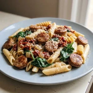 Top-down look at pasta with chicken sausage, spinach, and sun-dried tomatoes in cream sauce, garnished with parmesan.