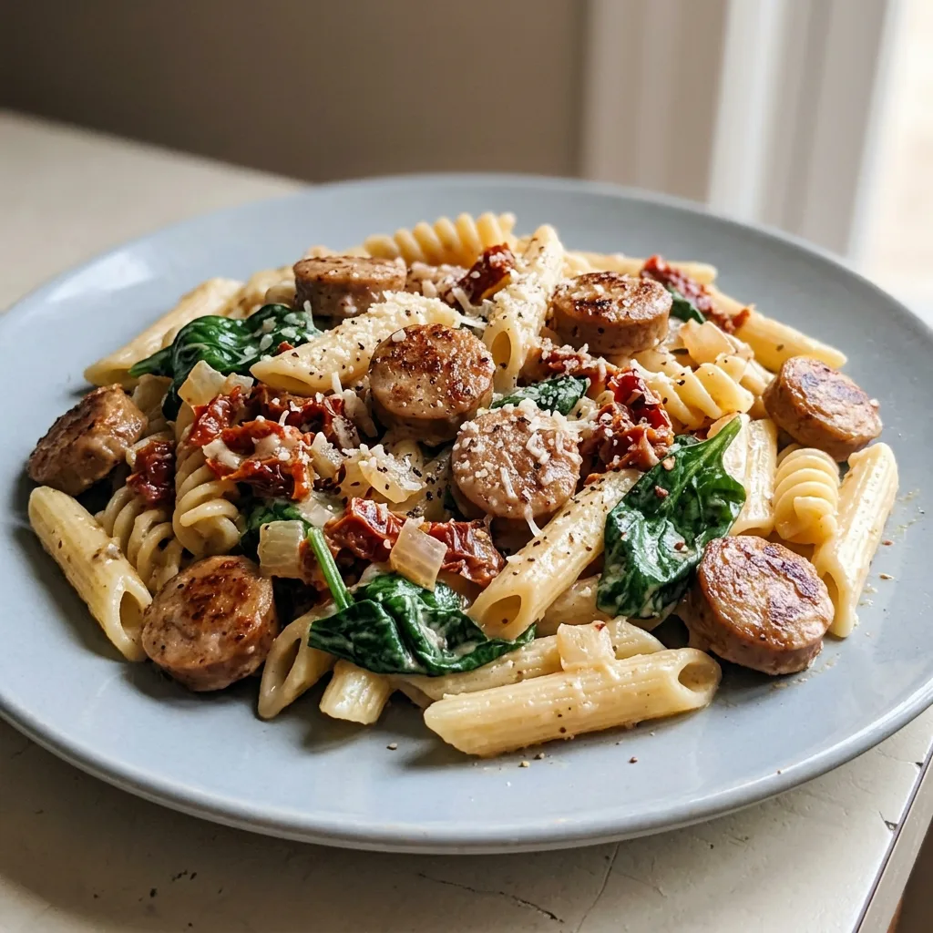 Top-down look at pasta with chicken sausage, spinach, and sun-dried tomatoes in cream sauce, garnished with parmesan.