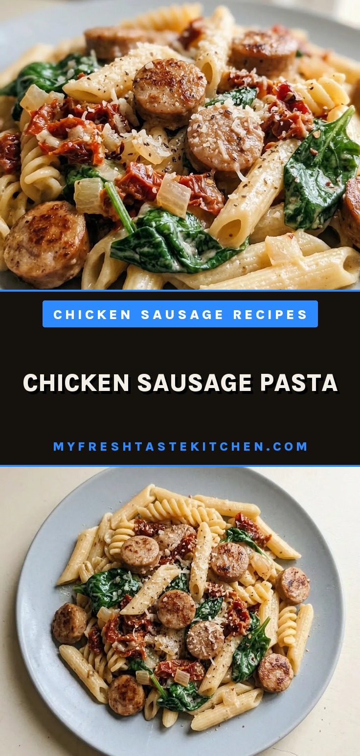 Top-down look at pasta with chicken sausage, spinach, and sun-dried tomatoes in cream sauce, garnished with parmesan.