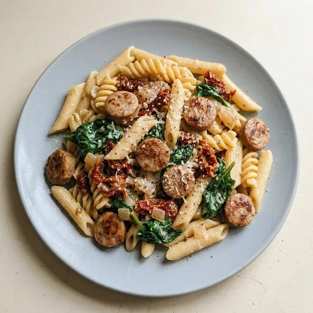 A serving of chicken sausage pasta with spinach and sun-dried tomatoes, topped with grated parmesan cheese.