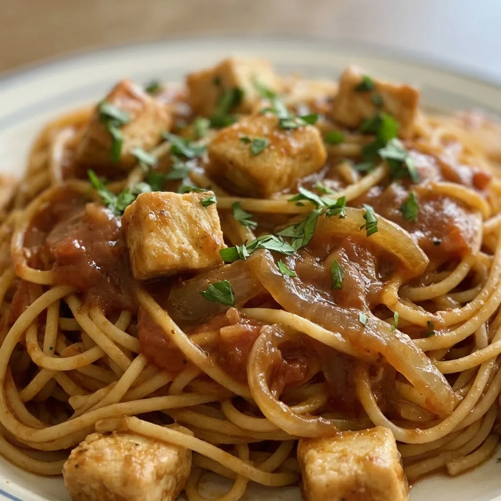 Zoomed in on a forkful of spaghetti with a slice of chicken scallopini, brown gravy, and tomato sauce, showing onion and garlic pieces.