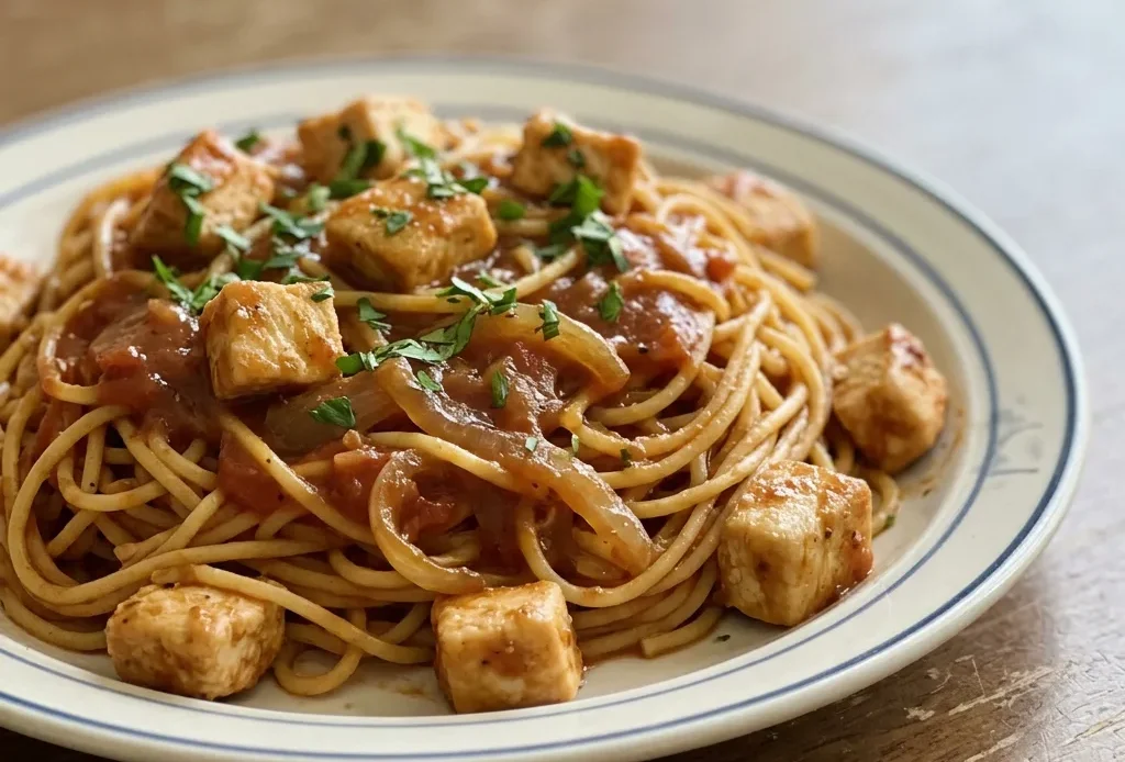 Bird's-eye view of spaghetti topped with chicken scallopini and brown gravy with tomato sauce, garnished with onion and garlic.