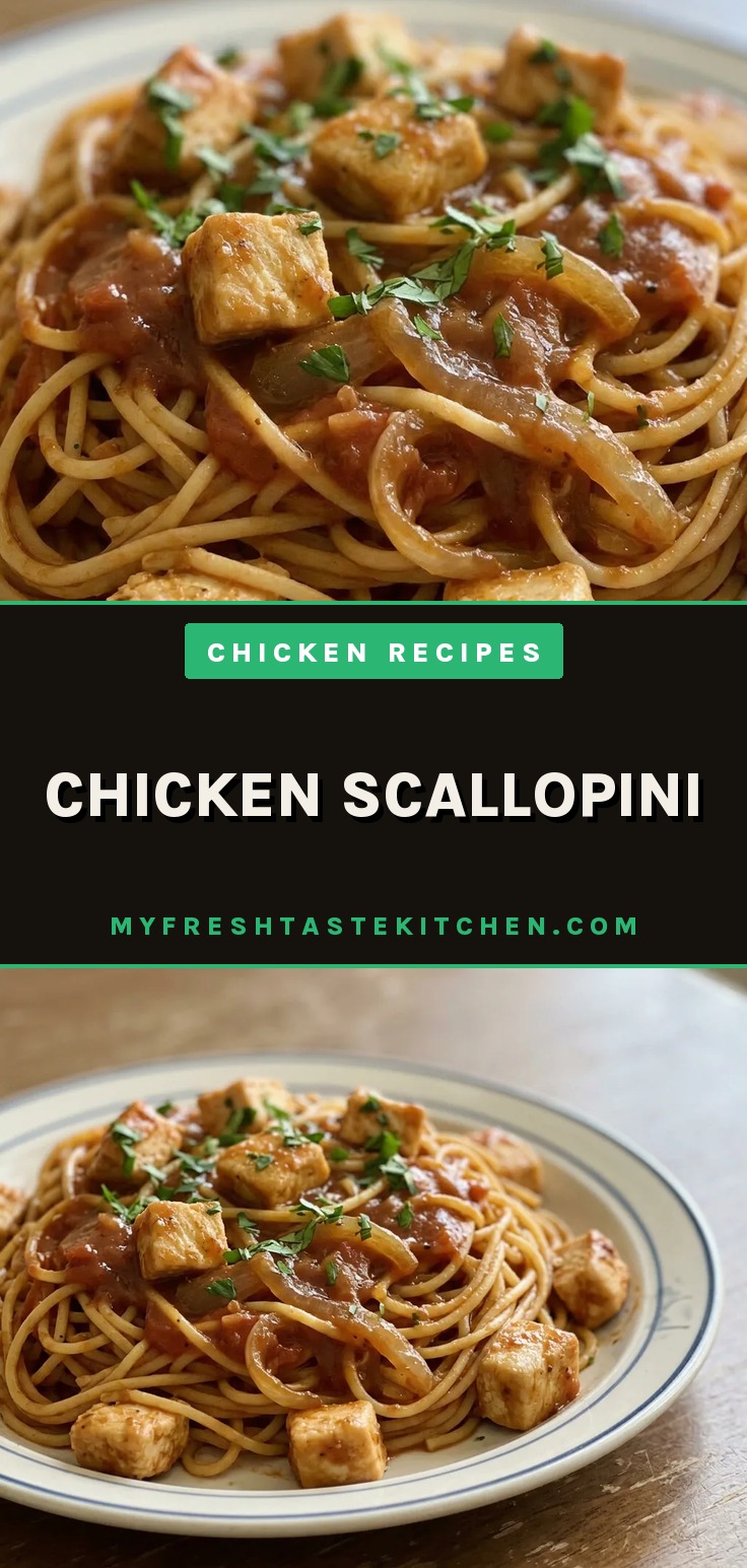 Bird's-eye view of spaghetti topped with chicken scallopini and brown gravy with tomato sauce, garnished with onion and garlic.