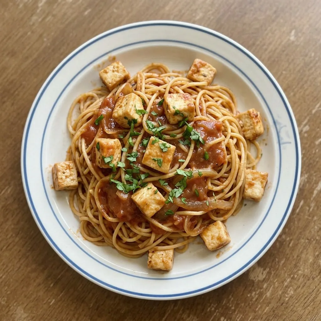 Ready to serve: a plated dish of chicken scallopini over spaghetti with brown gravy and tomato sauce, topped with onion and garlic.