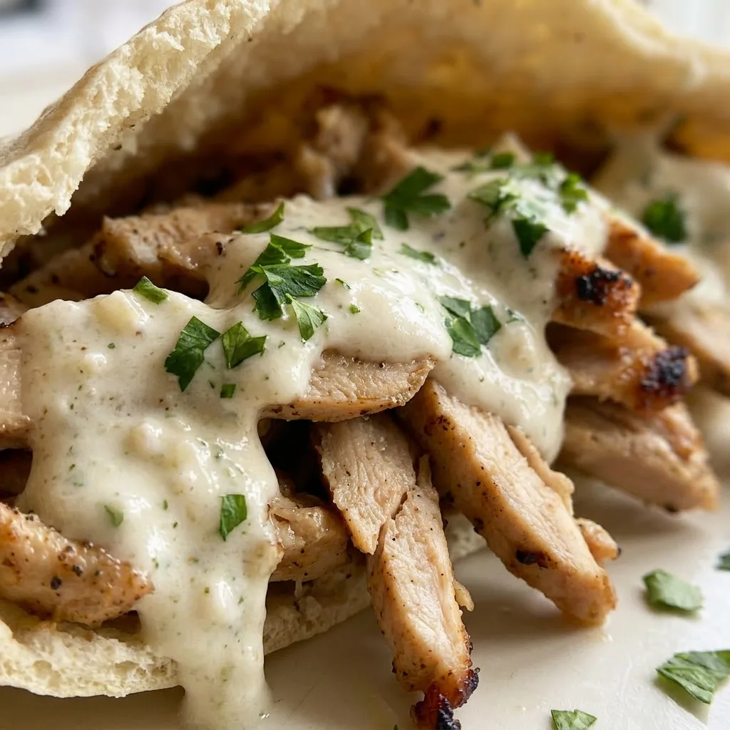 Macro detail of a chicken shawarma slice with charred edges, topped with creamy garlic sauce and a dusting of sumac.