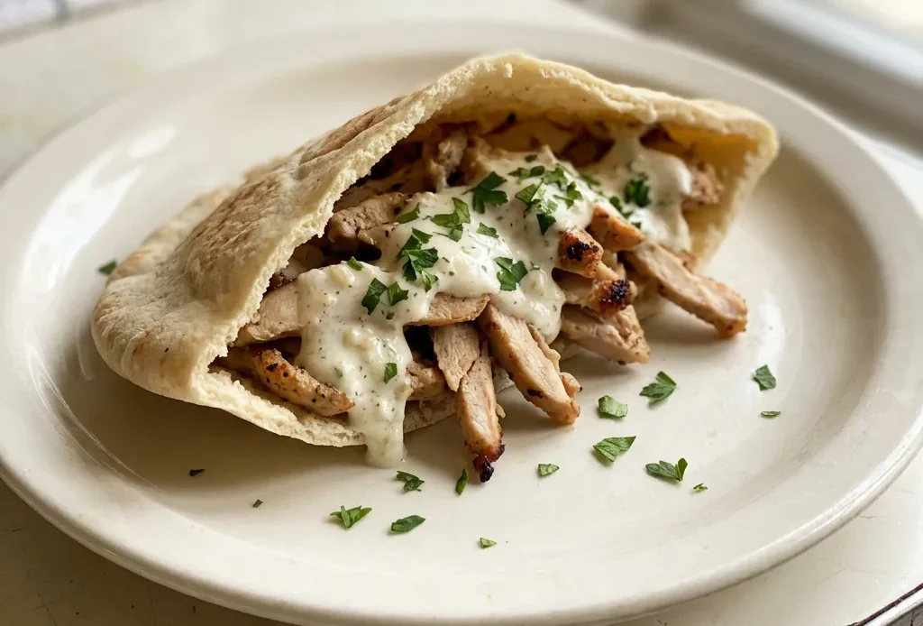 Top-down look at sliced chicken thighs on a white dish, drizzled with white garlic sauce and sprinkled with fresh herbs.