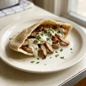 Top-down look at sliced chicken thighs on a white dish, drizzled with white garlic sauce and sprinkled with fresh herbs.
