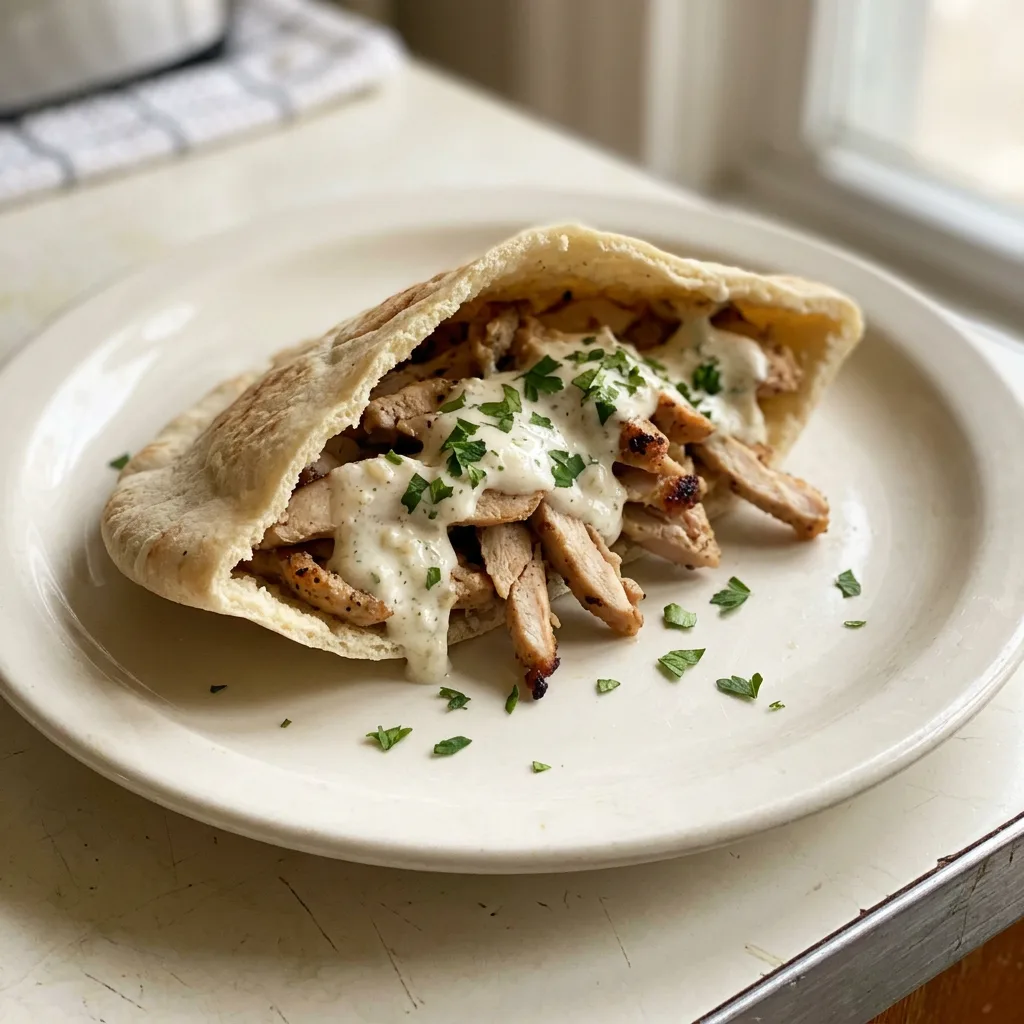 Top-down look at sliced chicken thighs on a white dish, drizzled with white garlic sauce and sprinkled with fresh herbs.