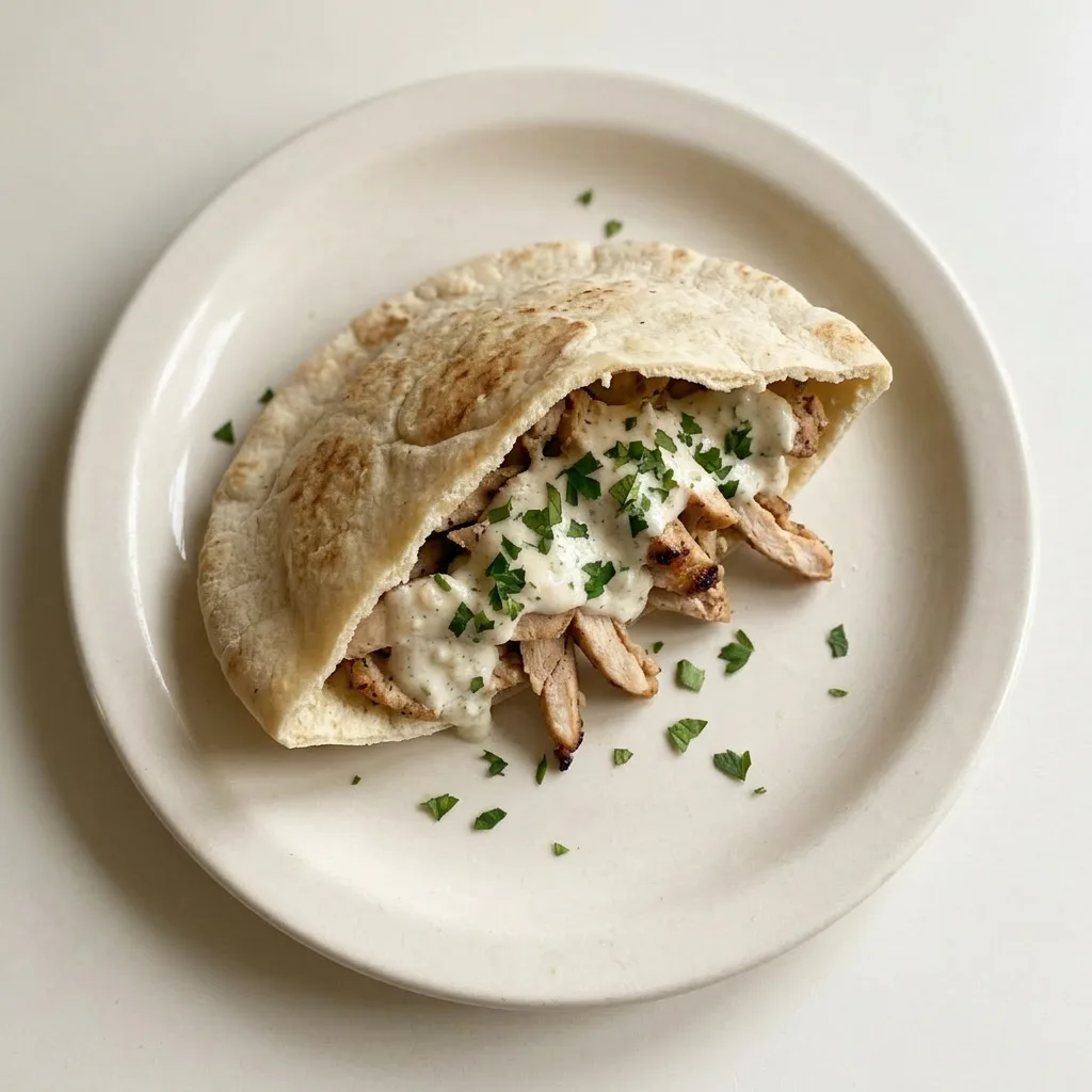 A serving of chicken shawarma pieces arranged on a plate, with garlic sauce pooled around them and a garnish of parsley.