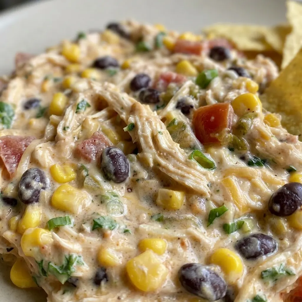 Up close, a spoonful of dip reveals chunks of chicken, cream cheese, black beans, corn, and tomatoes, with a stretchy layer of melted Mexican-blend and Pepper-jack cheese.