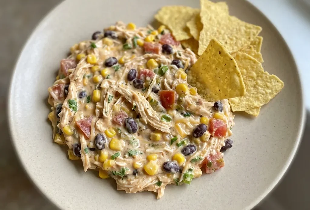 Looking down at a circular dip with shredded chicken, black beans, corn, and diced tomatoes, topped with melted cheeses and a sprinkle of taco seasoning.