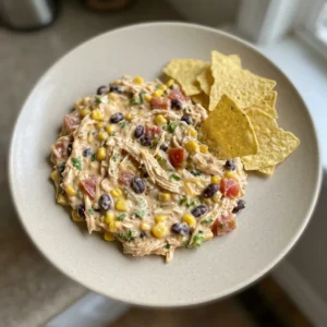 Looking down at a circular dip with shredded chicken, black beans, corn, and diced tomatoes, topped with melted cheeses and a sprinkle of taco seasoning.
