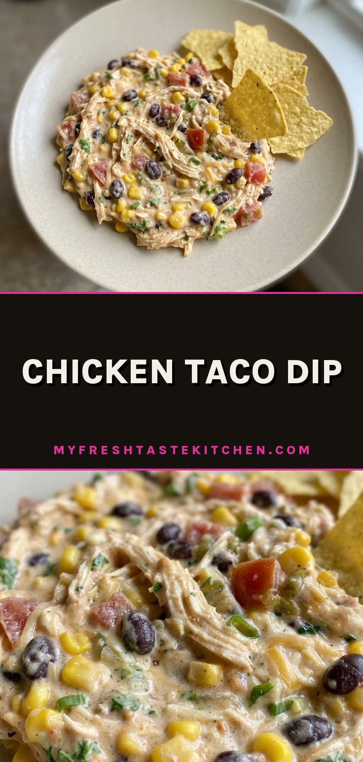 Chicken Taco Dip with cream cheese, black beans, and corn, topped with melted cheese.