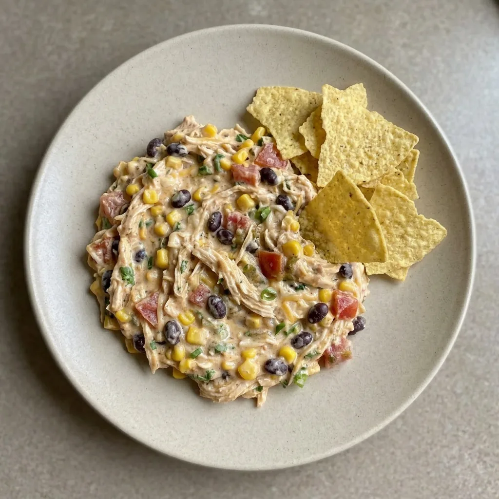 A plate of chicken taco dip with visible layers of cream cheese, black beans, corn, and diced tomatoes, topped with shredded chicken and a golden crust of melted cheese.
