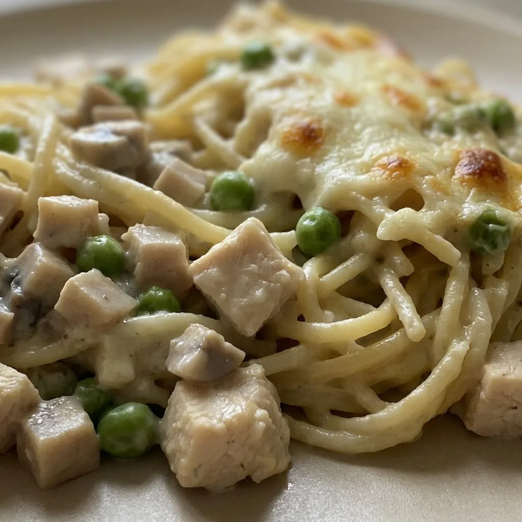 Up close, a forkful of tetrazzini shows chicken, spaghetti, mushrooms, and peas in a creamy sauce with melted cheese.