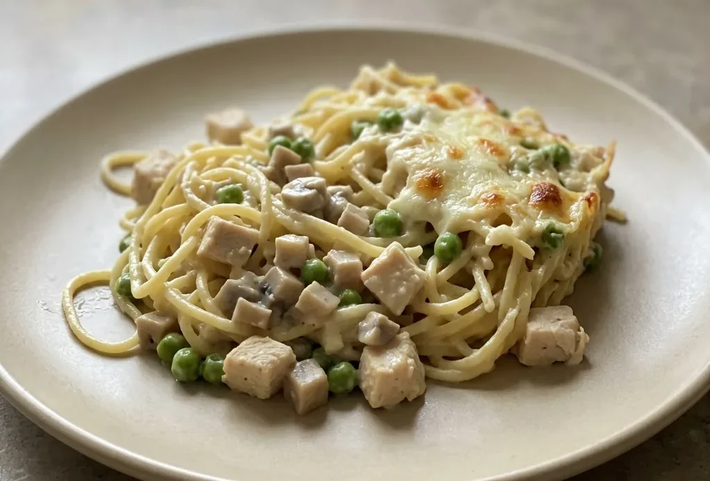Looking down at a creamy chicken tetrazzini with spaghetti, mushrooms, peas, and melted mozzarella and parmesan cheese.