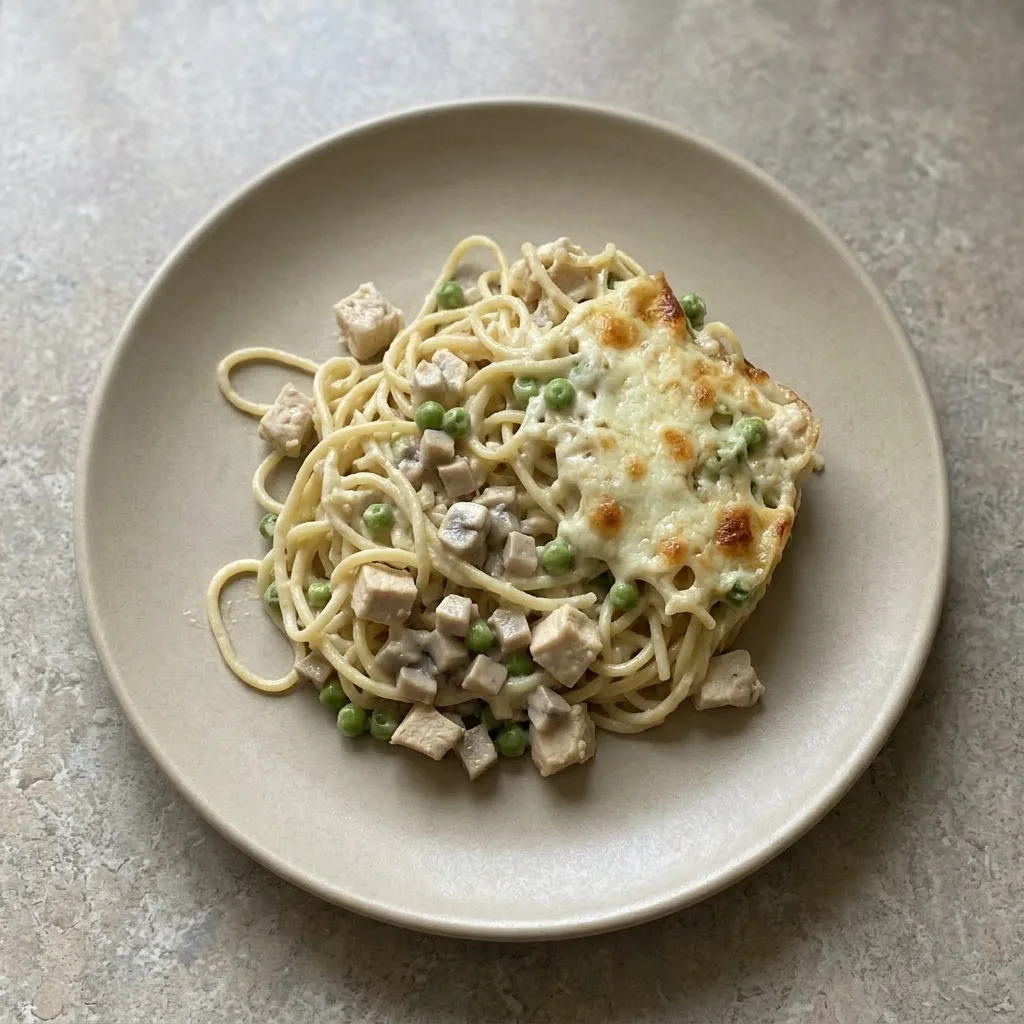 A plate of chicken tetrazzini topped with melted mozzarella and parmesan, mushrooms, and peas.