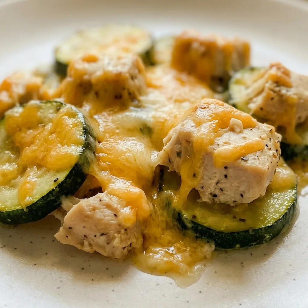 Macro detail of a chicken piece with melted cheddar cheese and a zucchini slice, showing golden brown cheese edges.