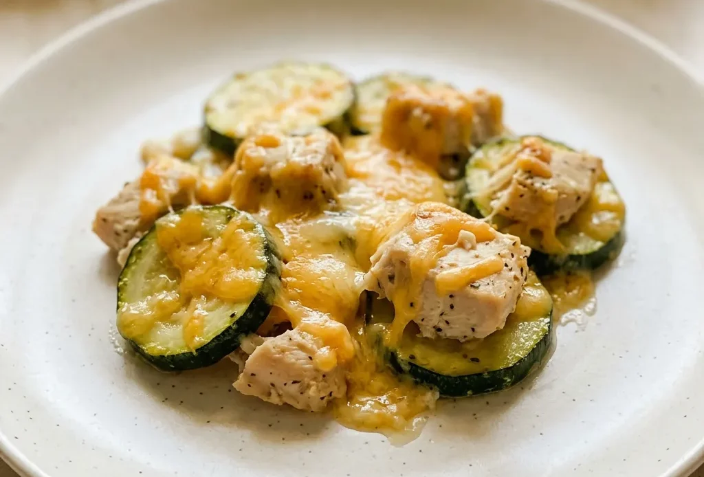 Top-down look at chicken pieces and zucchini slices arranged in a single layer, topped with melted cheddar cheese.