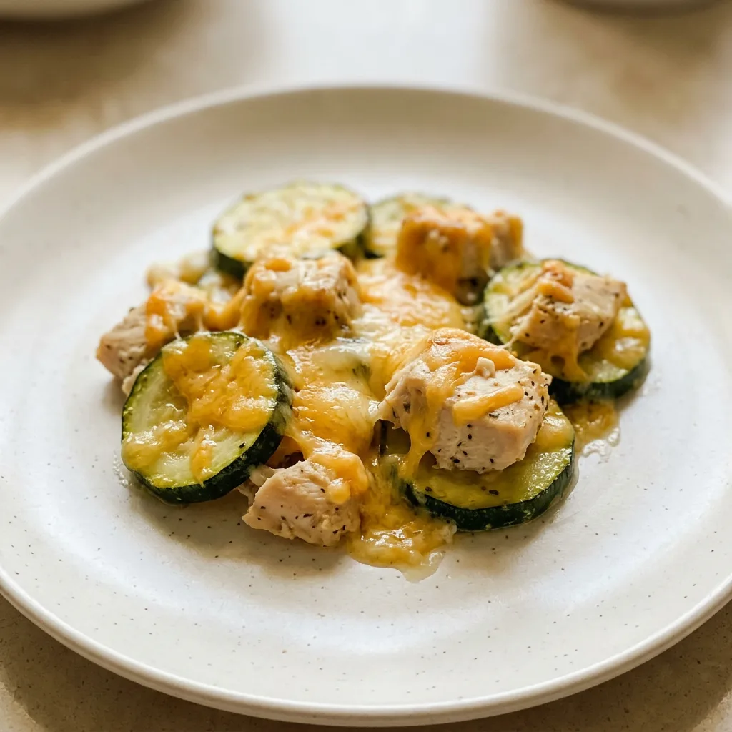 Top-down look at chicken pieces and zucchini slices arranged in a single layer, topped with melted cheddar cheese.