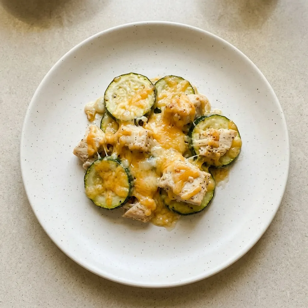 A serving of chicken and zucchini bake with cheddar cheese melted over the top, chicken and zucchini visible.