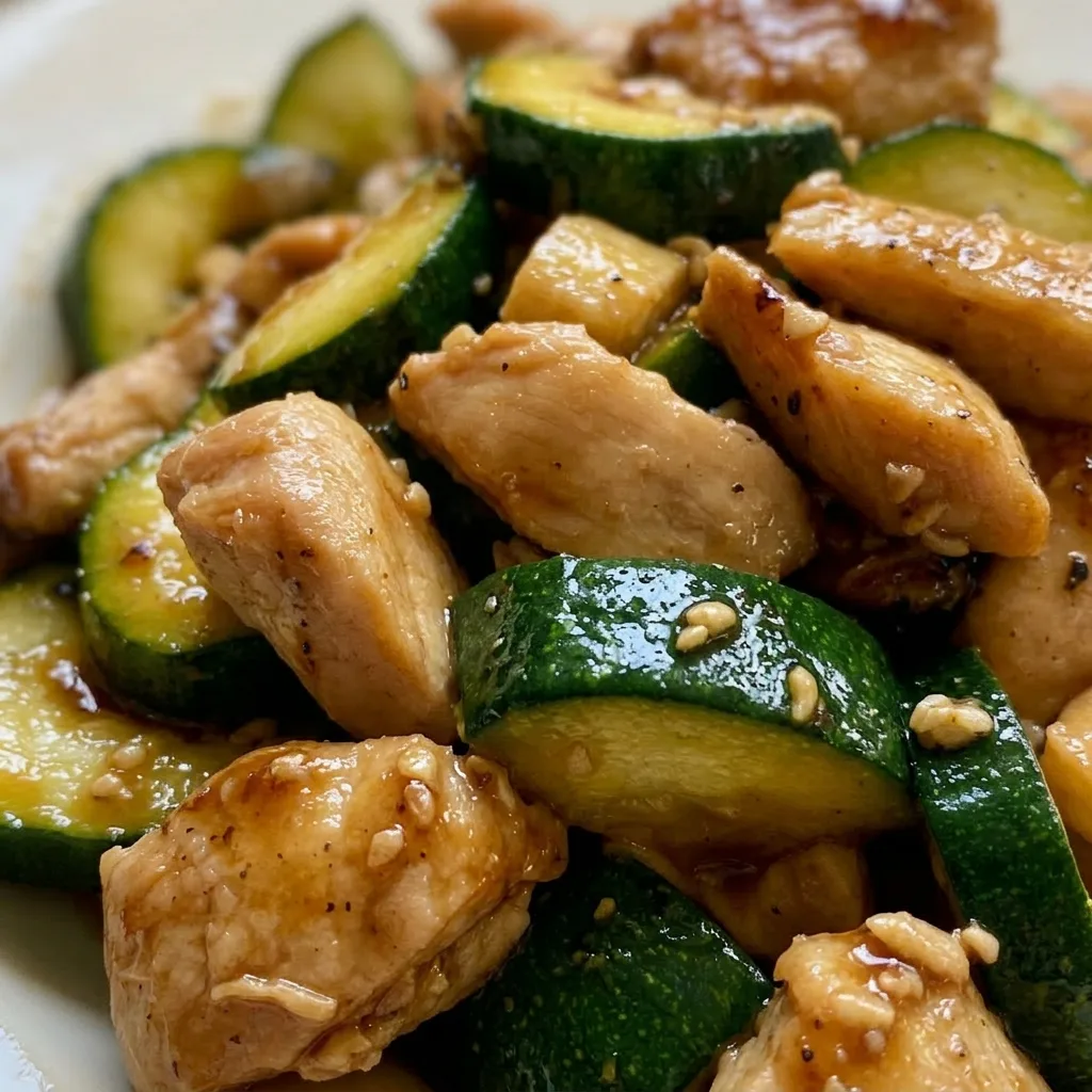 Close view of glazed chicken pieces and zucchini slices with sesame seeds.
