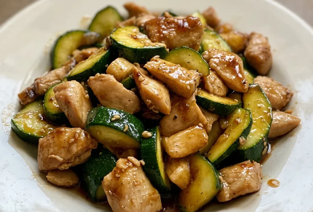 Overhead shot of chicken and zucchini stir fry with garlic and soy sauce glaze.