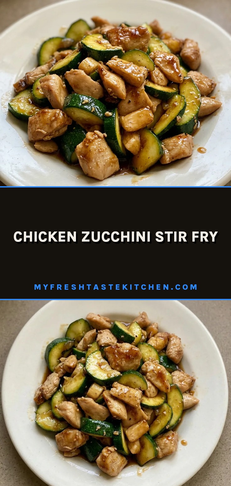 Overhead shot of chicken and zucchini stir fry with garlic and soy sauce glaze.