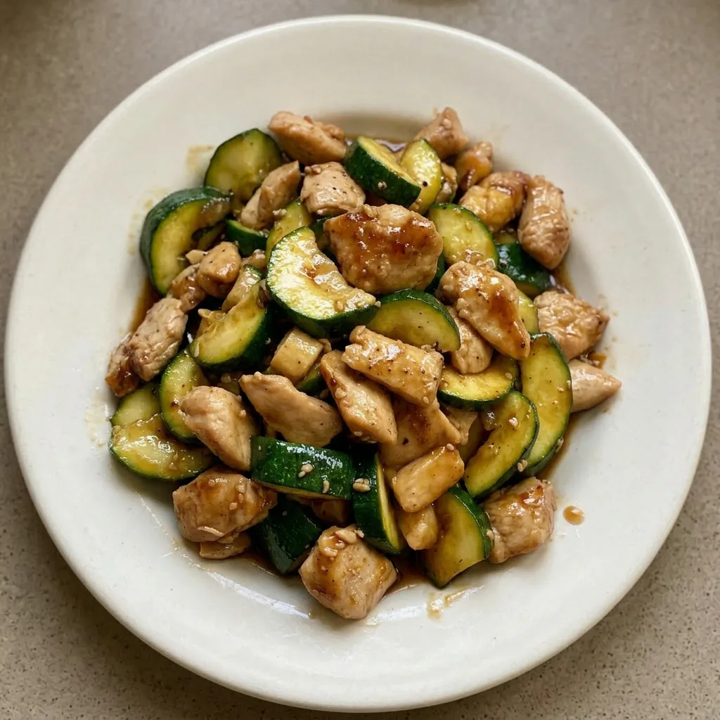 Plated stir fry with chicken, zucchini, and oyster sauce coating.