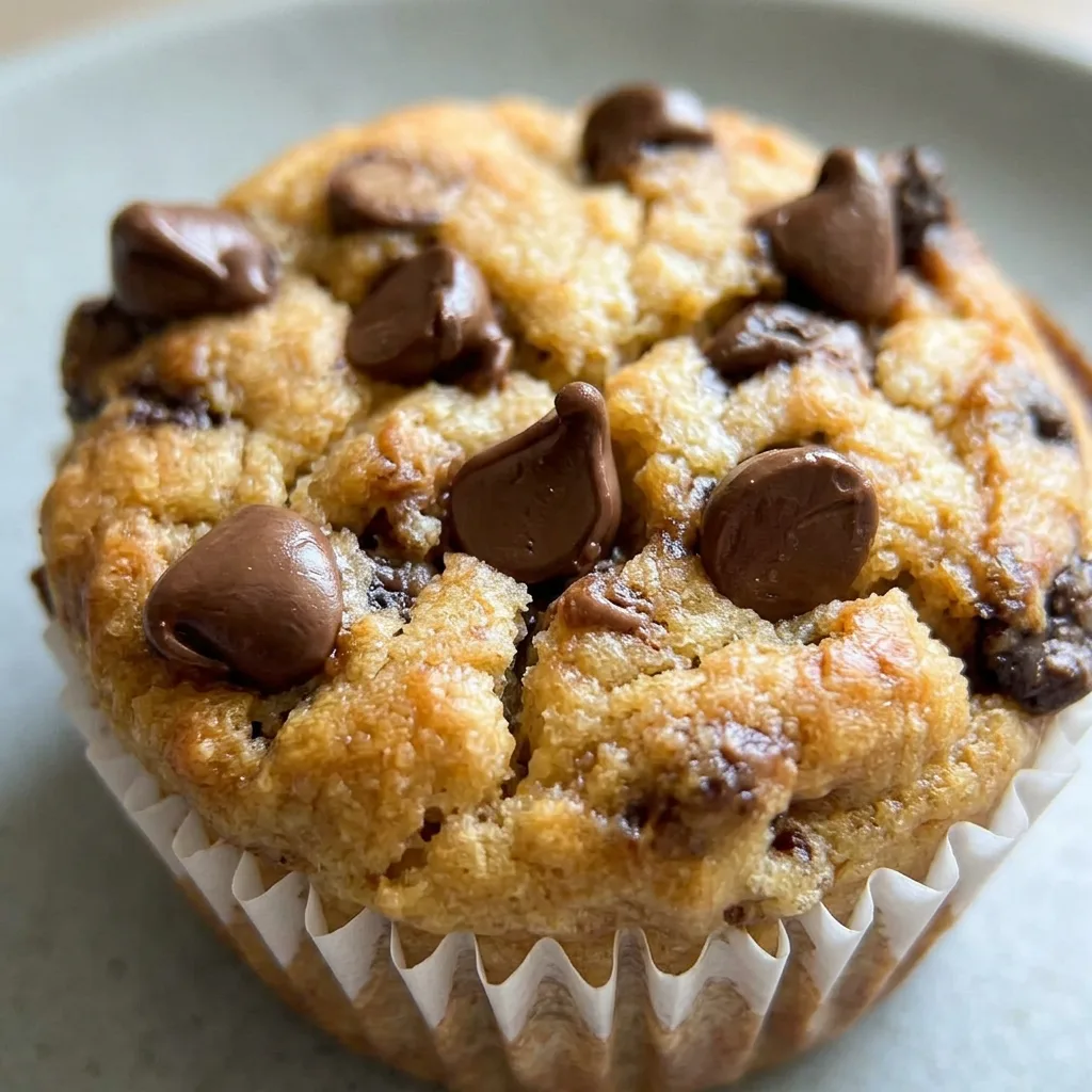 Zoomed in on a muffin with chocolate chips and banana chunks visible on top.